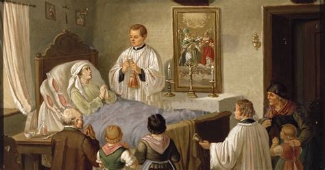 Historical illustration of a priest administering the Viaticum to an old soldier in bed