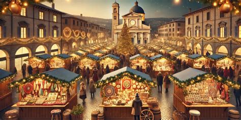 Illustrazione di un mercatino natalizio con prodotti tipici e vischio