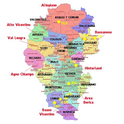 Mappa della provincia di Vicenza con evidenziate le località menzionate
