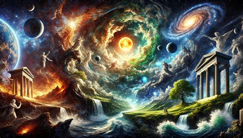 Illustrazione di diverse cosmogonie antiche e moderne, che mostrano la varietà di miti sull'origine del mondo.