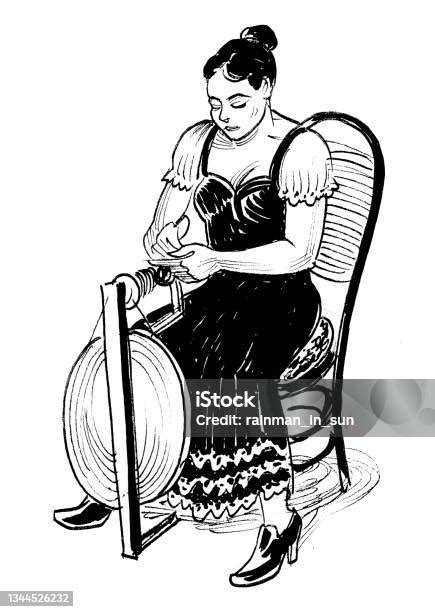 illustrazione di un telaio verticale biblico con una donna che tesse