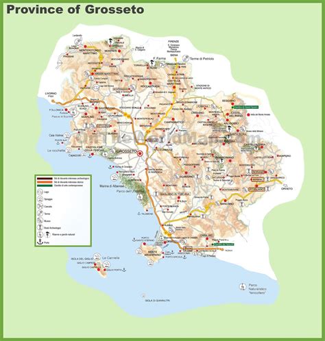 Mappa delle province di Grosseto e Livorno con icone turistiche