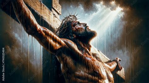 Image of Christ crucified, with blood falling, and an outline of a hand reaching out