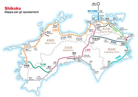 Mappa dell'isola di Shikoku con i percorsi dei templi