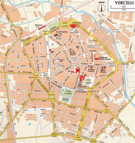 Mappa storica di Vercelli con evidenza dei luoghi legati a Giuseppe Locarni