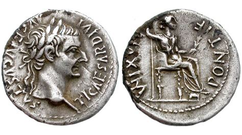 Un denario romano con l'effigie dell'Imperatore Tiberio