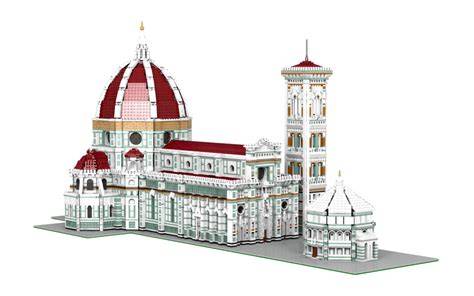 Rendering dettagliato del modello LEGO® del Duomo di Firenze di bricksandtiles, con la Torre di Giotto e il Battistero
