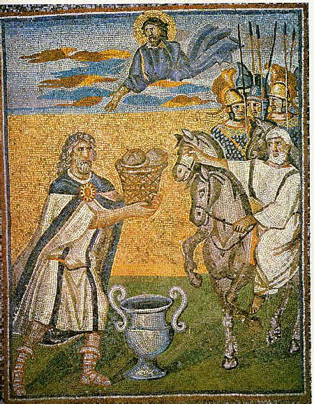 Rappresentazione storica di Melchisedek che offre pane e vino