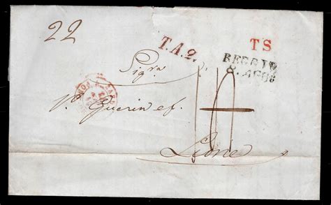 Fotografia di una lettera pontificia con timbro di transito e tassazione in centesimi