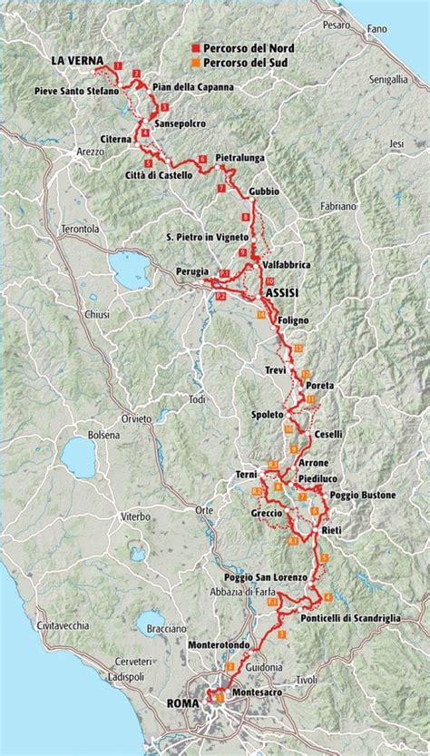 Mappa del percorso della Via di Francesco che attraversa Toscana e Umbria