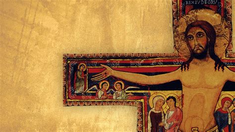 Illustrazione del Crocifisso di San Damiano, icona teologica che rappresenta il Cristo vivente e regnante sulla croce.