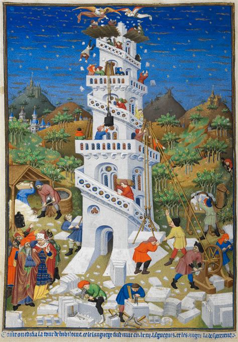 Illustrazione biblica che raffigura la costruzione della Torre di Babele con personaggi, mattoni e impalcature