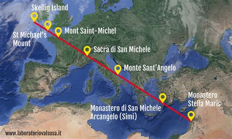 Mappa della Linea Micaelica che collega i santuari di San Michele in Europa