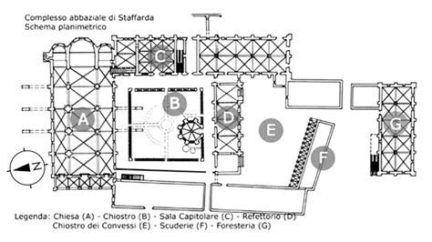 Schema architettonico del complesso abbaziale con indicazione dello Scalone dei Morti e della Chiesa.