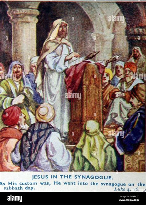 Illustrazione di Gesù che insegna nella sinagoga di Nazareth, con la gente che lo guarda con stupore e incredulità.