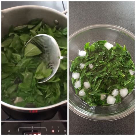Sbianchitura di foglie di basilico in acqua bollente e poi in acqua ghiacciata