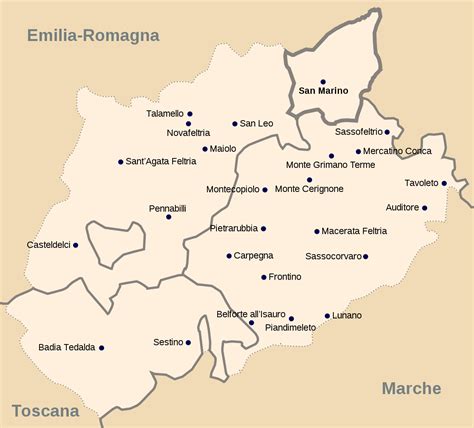 Mappa del territorio diocesano di San Marino - Montefeltro con indicazione dei confini amministrativi