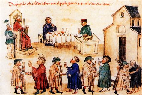 Illustrazione dei classici attributi del pellegrino medievale: bordone, bisaccia e mantello
