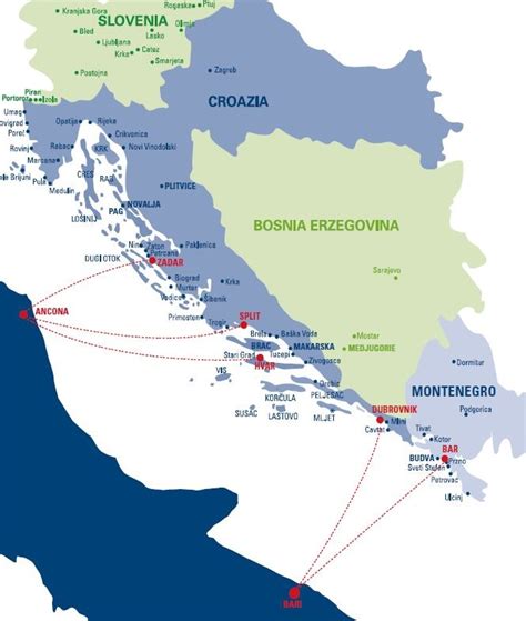 Mappa stradale dei collegamenti tra Italia, Croazia e Medjugorje con i porti principali