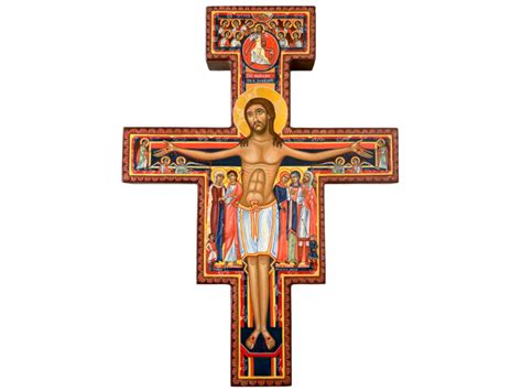 dettaglio dell'icona di San Damiano con evidenza sui personaggi ai piedi della croce