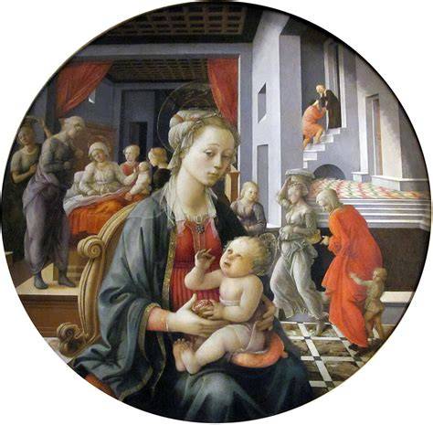 Fotografia d'insieme della Natività di Filippo Lippi, evidenziando la composizione quadrata e i personaggi principali in primo piano