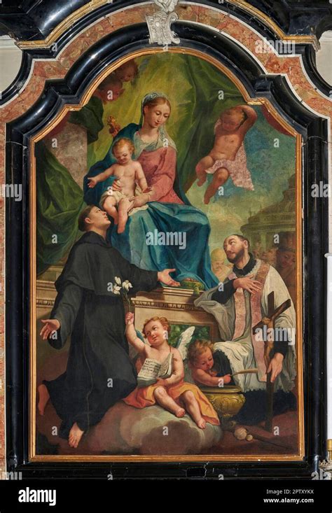 Rappresentazione dell'affresco del XV secolo della Vergine col Bambino e santi Antonio abate e Stefano
