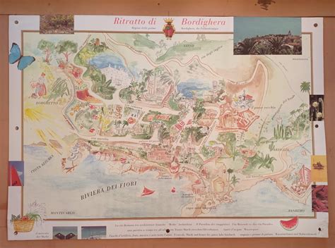 Mappa della zona di Bordighera con punti di interesse come Chiesa di Sant'Ampelio, Giardino Esotico Pallanca, spiagge e Museo Clarence Bicknell