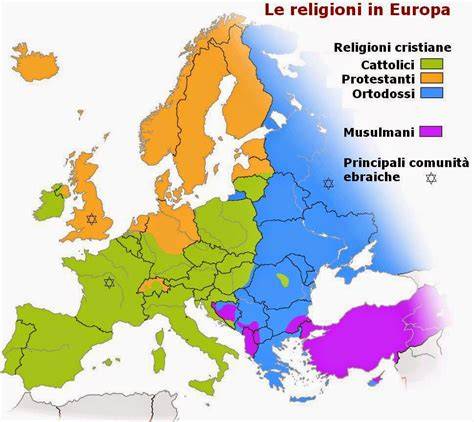 Mappa dell'Europa centrale con la diffusione del Protestantesimo nel XVI secolo