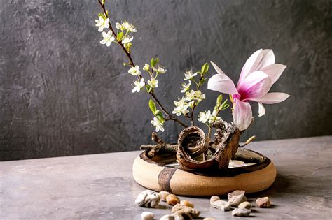 Foto di un tokonoma con ikebana e rotolo calligrafico