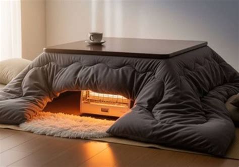 Foto di un kotatsu con persone che si scaldano