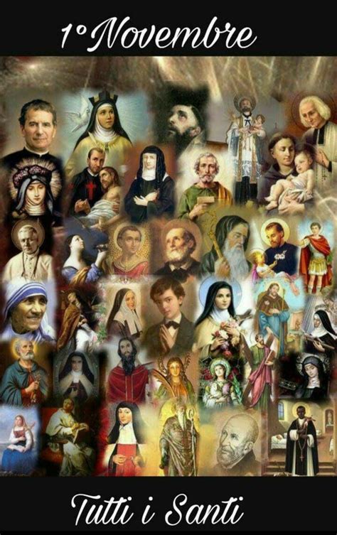 Illustrazione di tutti i santi riuniti con espressioni sorridenti e colori vivaci.