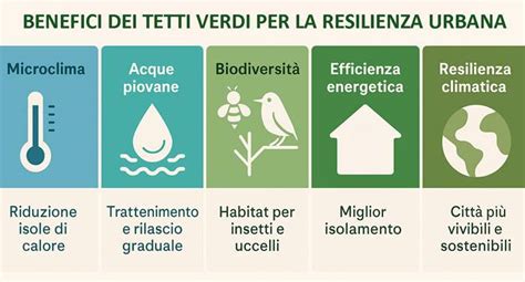 Infografica che mostra i benefici termici e ambientali dei tetti verdi in climi mediterranei.