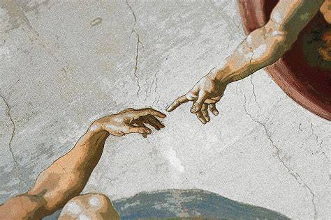 Illustrazione della mano di Dio che tiene e protegge una persona in un paesaggio buio o tempestoso