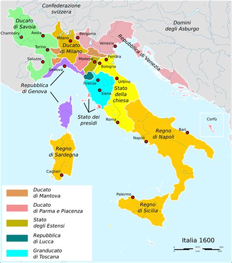 Mappa dell'Italia nel periodo rinascimentale e barocco