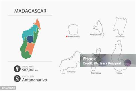 Mappa del Madagascar con evidenza delle zone di missione come Ampasimanjeva, Manakara e Antananarivo