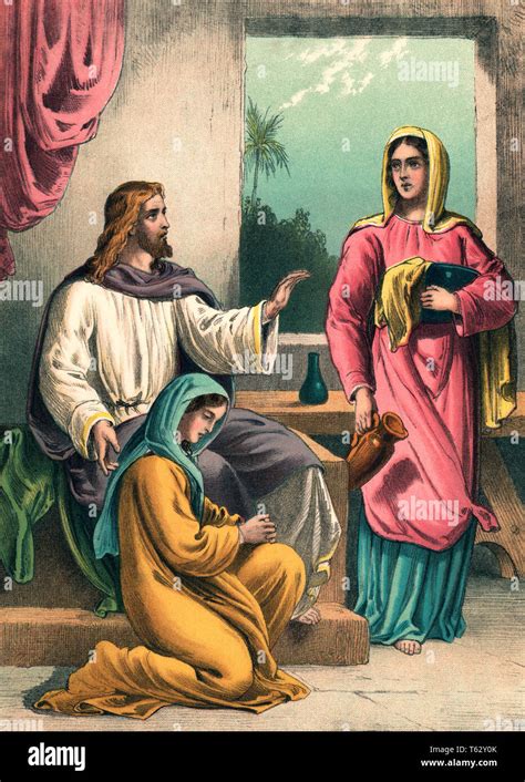 Gesù dialoga con Marta e Maria prima della resurrezione di Lazzaro (illustrazione biblica)