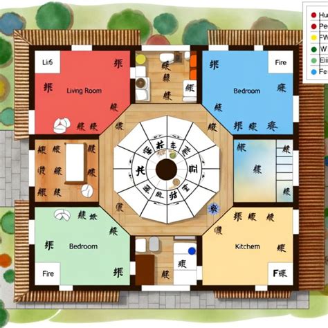 Schema di progettazione olistica con elementi di benessere e Feng Shui