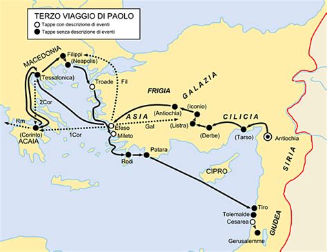 Mappa del terzo viaggio missionario di San Paolo che evidenzia le tappe in Macedonia, Grecia e Troas