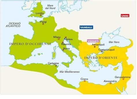 Mappa dell'Impero Romano diviso in Occidente e Oriente nel 395 d.C.