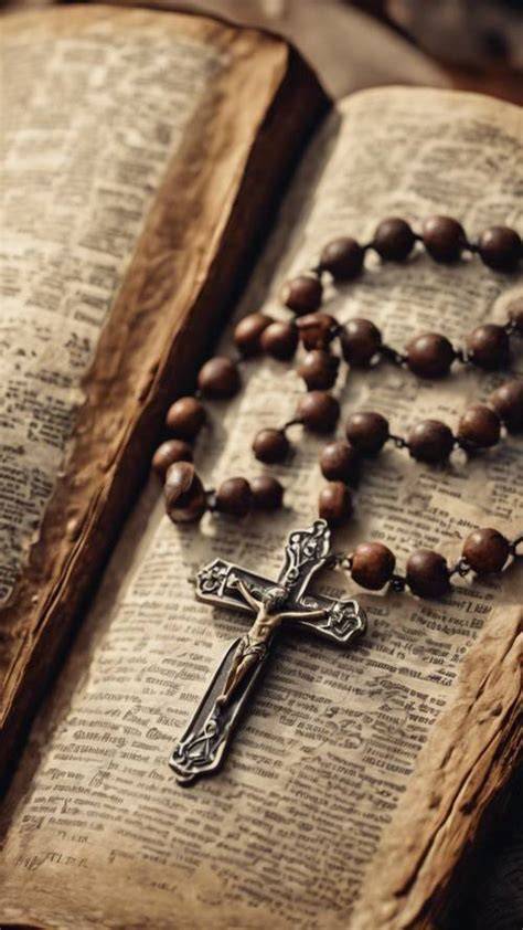 Foto di un Rosario con una Bibbia aperta sullo sfondo