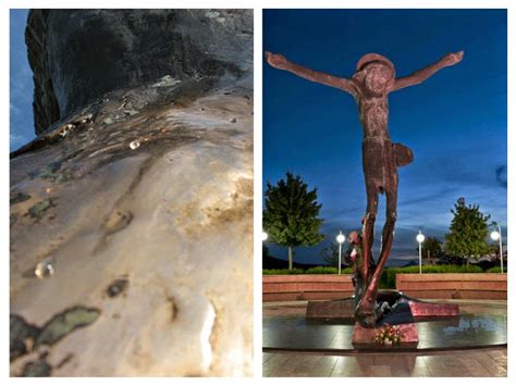 La scultura bronzea del Cristo Risorto a Medjugorje, con il ginocchio da cui stilla il liquido misterioso.
