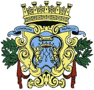 Stemma araldico della città di Rapallo con i grifoni e la sigla Mariana.