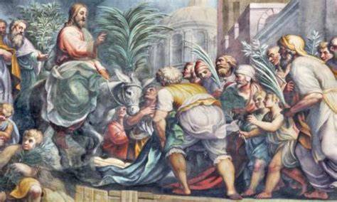 Illustrazione: Gesù entra a Gerusalemme sull'asina, acclamato dalla folla con rami di palma e ulivo, ispirata all'opera di Giotto