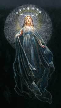 Illustrazione della Vergine Maria con un'aura di dodici stelle, luna ai piedi, e circondata da angeli.