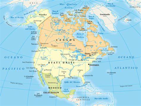 Mappa del Nord America che mostra le rotte dei primi esploratori europei e le aree di contatto con le popolazioni indigene