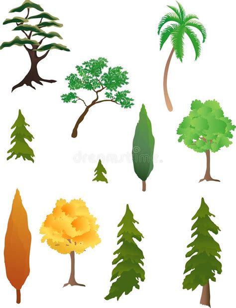 Illustrazione stilizzata di vari alberi e le loro caratteristiche associate a virtù