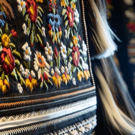 Dettagli di costumi tradizionali sardi, con particolare attenzione ai ricami e ai colori.