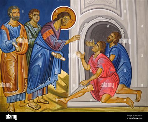 illustrazione biblica della guarigione del paralitico, con Gesù al centro e la folla