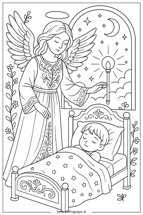Illustrazione di un angelo custode con un bambino che prega