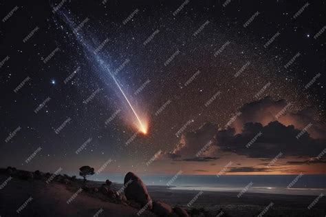 fotografia di una stella cadente nel cielo notturno con il paesaggio in primo piano